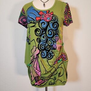 Noun Paris‎ XXL Green Abstract Face Graphic Print Short Sleeve Tunic Top Dress